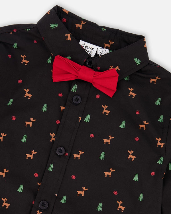 Printed Poplin Shirt Black And Multicolor With Bow Tie - H20OB15_000