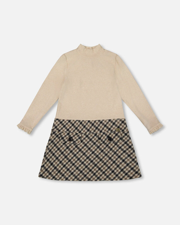 Long Sleeve Bi-Material Mock Neck Dress Beige And Plaid - H20Q87_193