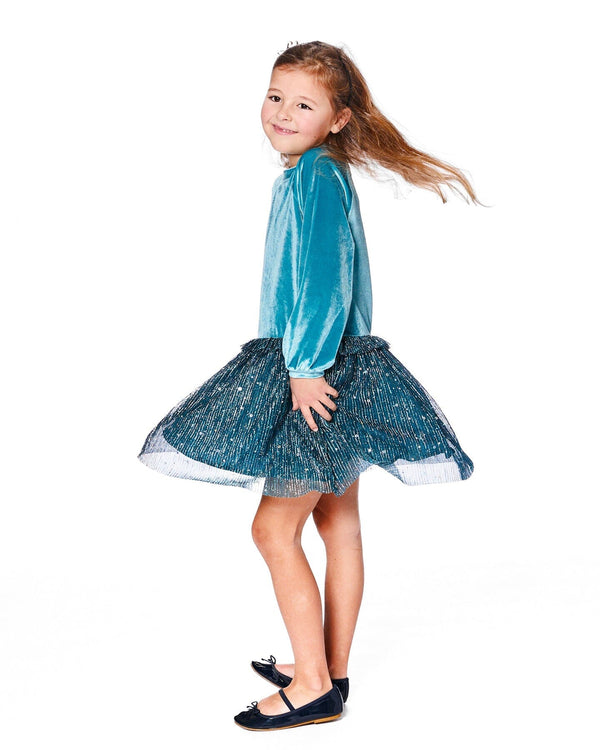 Long Sleeve Bi-Material Velvet And Pleated Mesh Dress Teal Blue - H20Q88_426