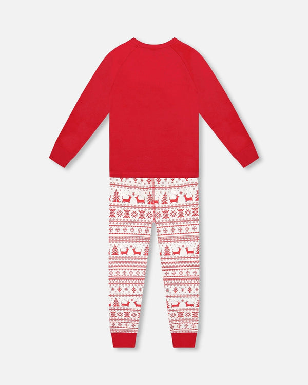 Organic Cotton Two-Piece Pajama Set Red And White Fairisle - H20R10US_089