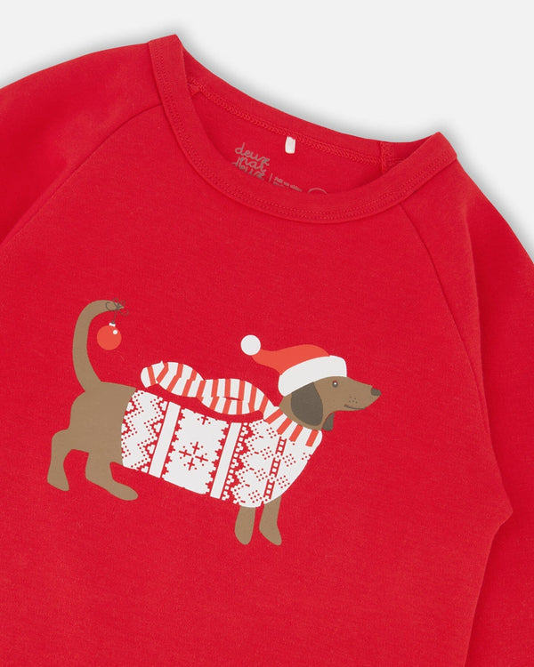 Organic Cotton Two-Piece Pajama Set Red And White Fairisle - H20R10US_089