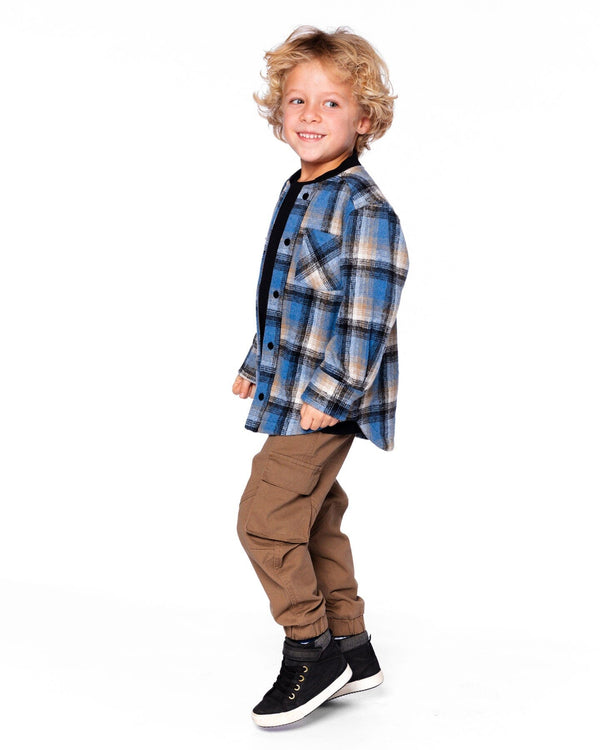 Long Sleeve Brushed Plaid Button Down Shirt Avec Rib Collar - H20U12_000