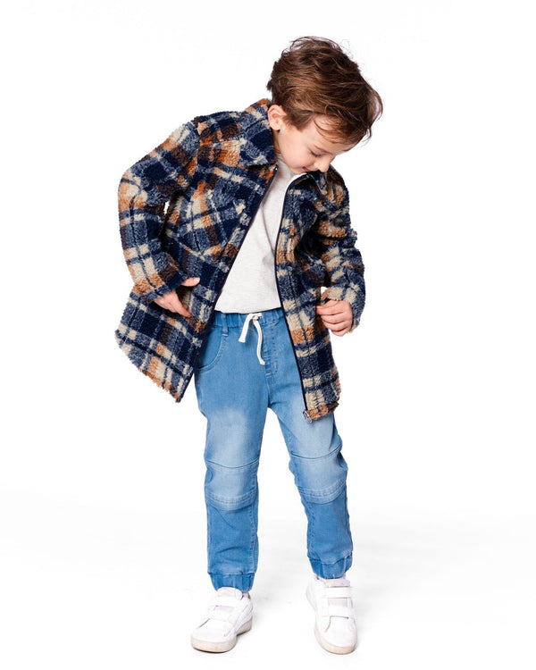 Sherpa Long Sleeve Zip Front Overshirt Blue And Brown Plaid - H20U17_086