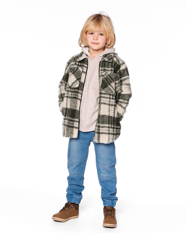 Sherpa Long Sleeve Zip Front Overshirt Sage And Beige Plaid - H20U17_087