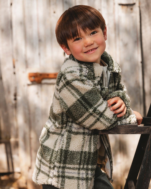 Sherpa Long Sleeve Zip Front Overshirt Sage And Beige Plaid - H20U17_087