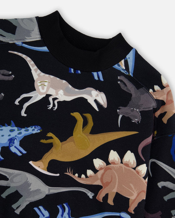 Pullover Fleece Sweatshirt Black Dinosaur Print - H20U32_026