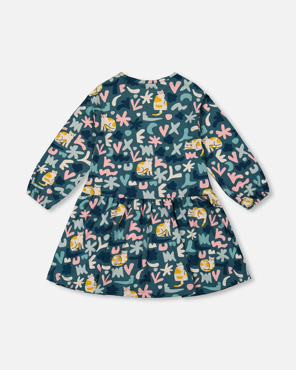 Jersey Dress Green Cat Print - H20Z86_006