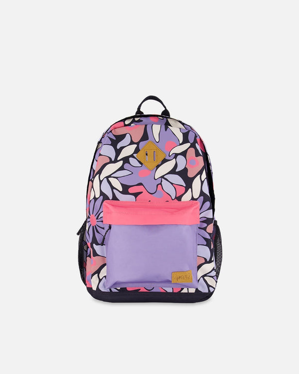 Kids Backpack Black Retro Flower Print - H20ZSD_013