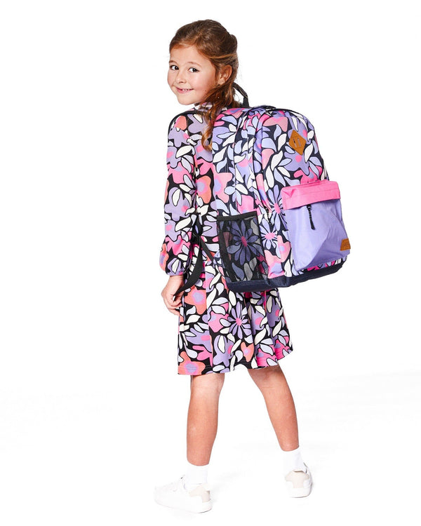 Kids Backpack Black Retro Flower Print - H20ZSD_013
