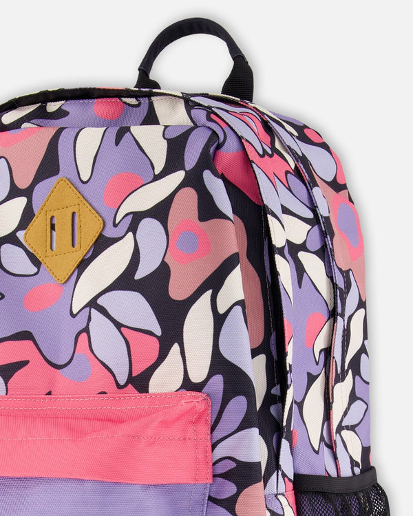 Kids Backpack Black Retro Flower Print - H20ZSD_013