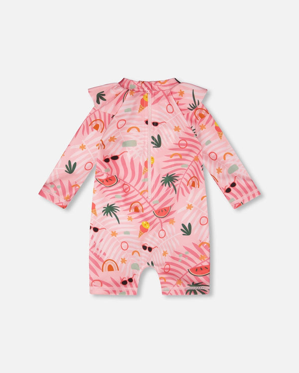 Baby And Toddler One-Piece Long Sleeve Rashguard Pink Beach Print - H30OG50_3H148