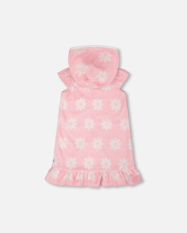 Terry Cloth Beach Hoodie Dress Pink Printed Flowers - H30OG80_3H184