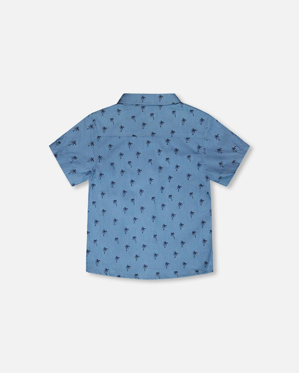 Short Sleeve Chambray Shirt Blue Palm Print - H30T15_3H103