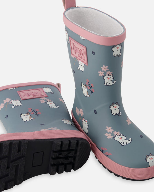 Rain Boots In Natural Rubber Green Cat Print - H30WB10_3H001