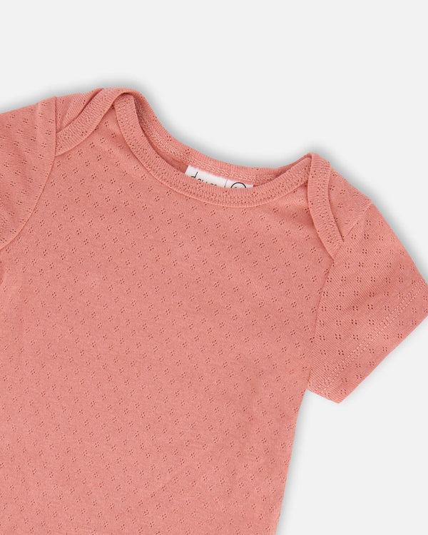 Organic Cotton Pointelle Knit Onesie And Shortall Set Heather Beige With Printed Cat - F30A12_078