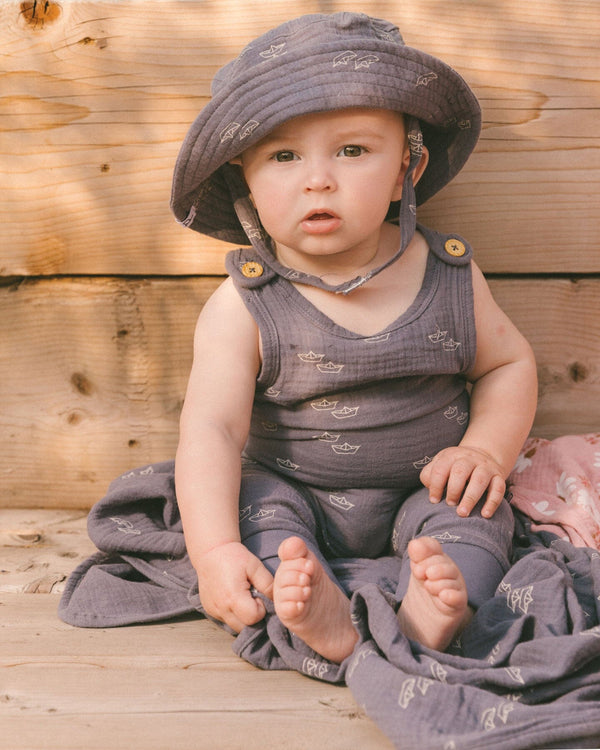 Printed Muslin Bucket Hat Navy Blue Paper Boats Accessories Deux par Deux 