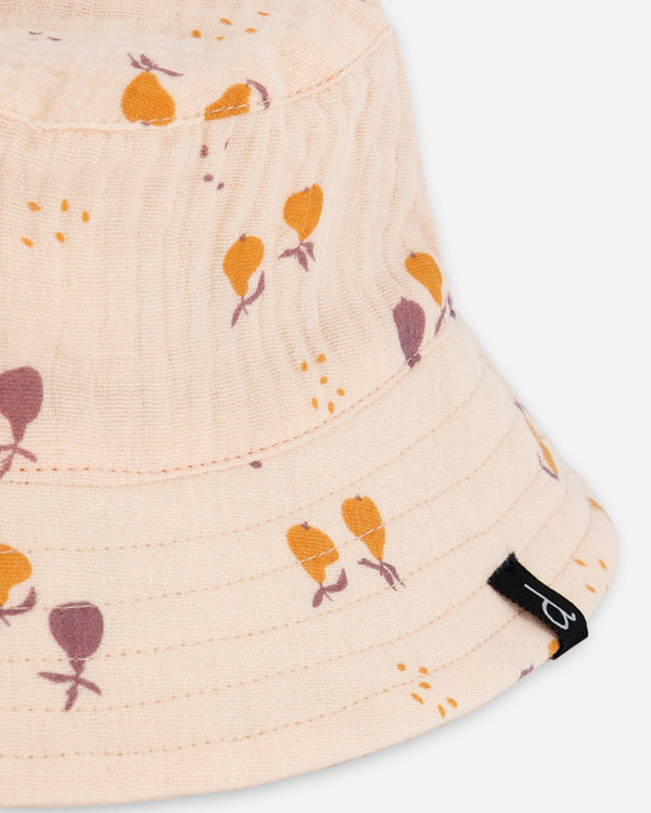 Printed Muslin Bucket Hat Peach With Pears - G30AH_070