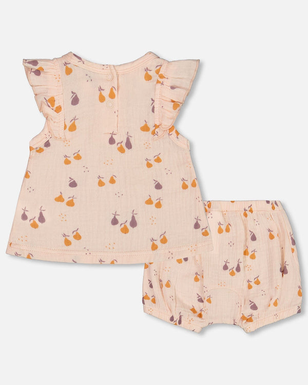 Printed Muslin Top And Bloomer Set Peach With Pears - G30B13_070
