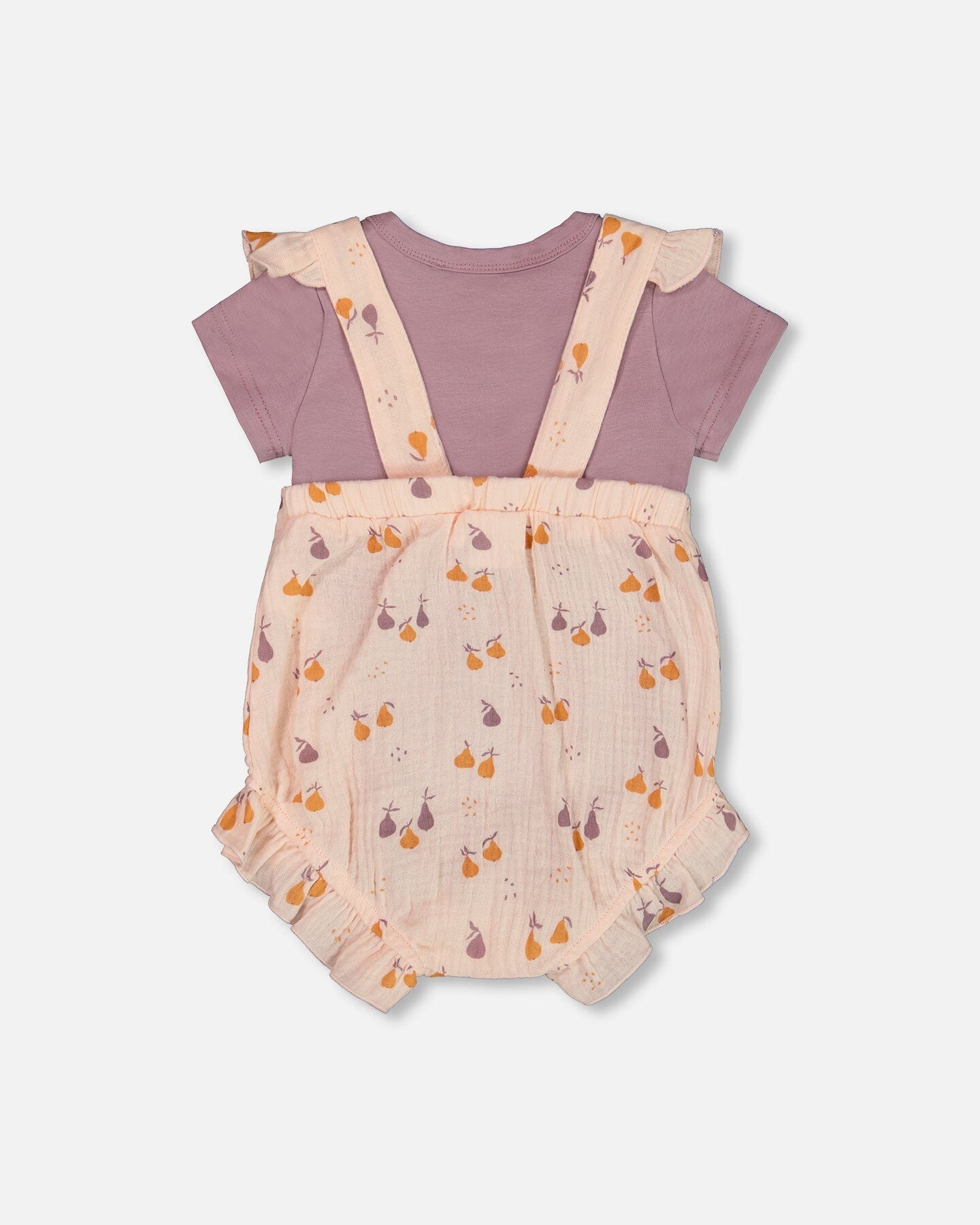 Printed Muslin Shortall And Organic Cotton Onesie Set Peach With Pears - G30B14_070