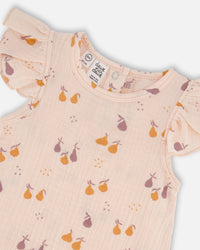 Printed Muslin One Piece Romper Peach With Pears - G30B40_070