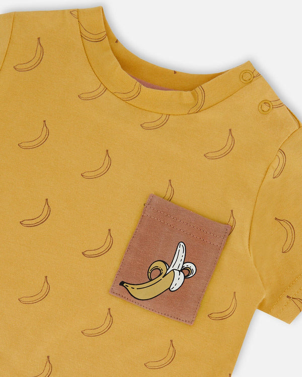 Printed Organic Cotton Top And Short Set Brown, Yellow, And Bananas - G30C12_144