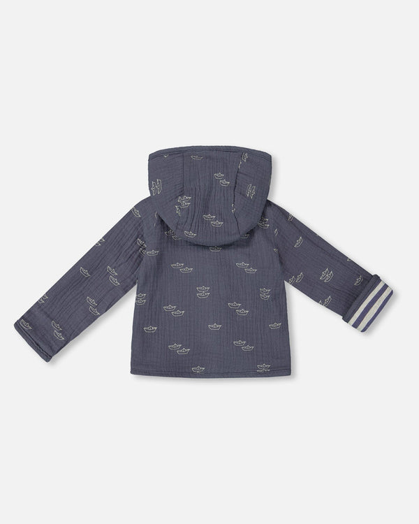 Reversible Organic Cotton Hooded Jacket Navy Striped Blue - G30D30_000