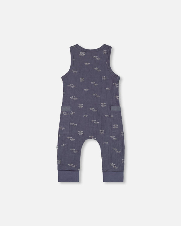 Printed Muslin One-Piece Jumpsuit Navy Blue Paper Boats - G30D41_065