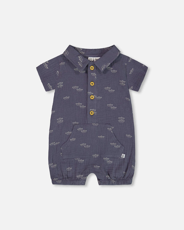 Printed Muslin Romper Navy Blue Paper Boats - G30D42_065