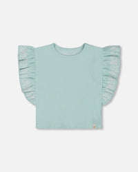Flat Back Rib Tee With Embroidery And Frills Pale Teal - G30F72_410