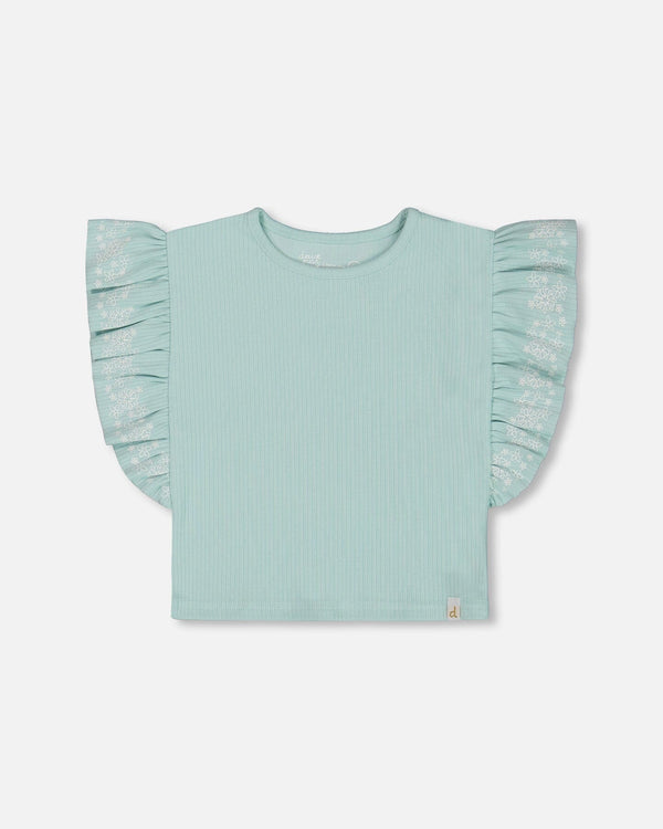 Flat Back Rib Tee With Embroidery And Frills Pale Teal - G30F72_410