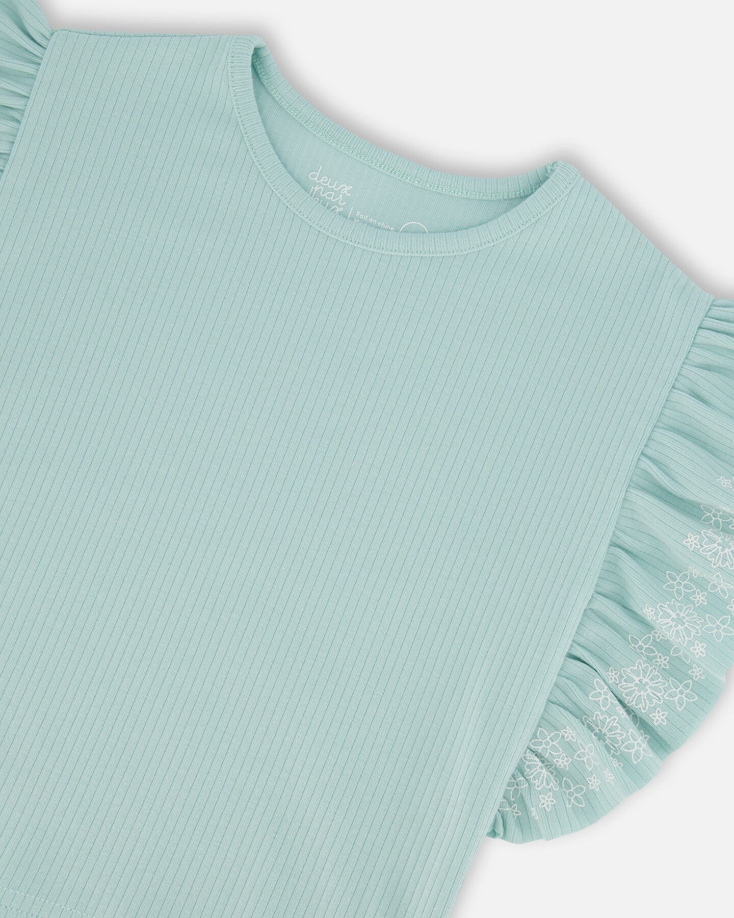 Flat Back Rib Tee With Embroidery And Frills Pale Teal - G30F72_410