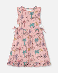 Printed Organic Cotton Dress With Cut Outs Palm Trees, Pink Flamingo, And Turquoise - G30H86_039