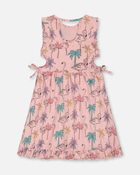 Printed Organic Cotton Dress With Cut Outs Palm Trees, Pink Flamingo, And Turquoise - G30H86_039