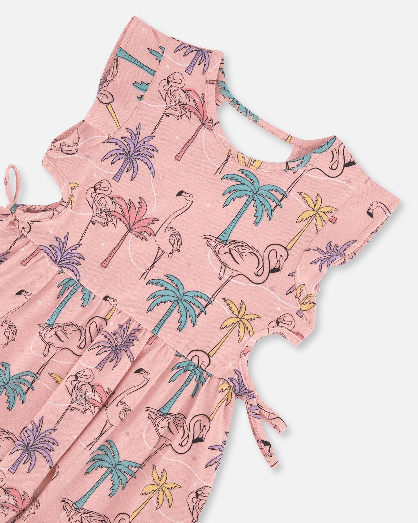 Printed Organic Cotton Dress With Cut Outs Palm Trees, Pink Flamingo, And Turquoise - G30H86_039