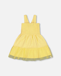 Smocked Organic Cotton Dress With Mesh Frill Yellow - G30H87_222
