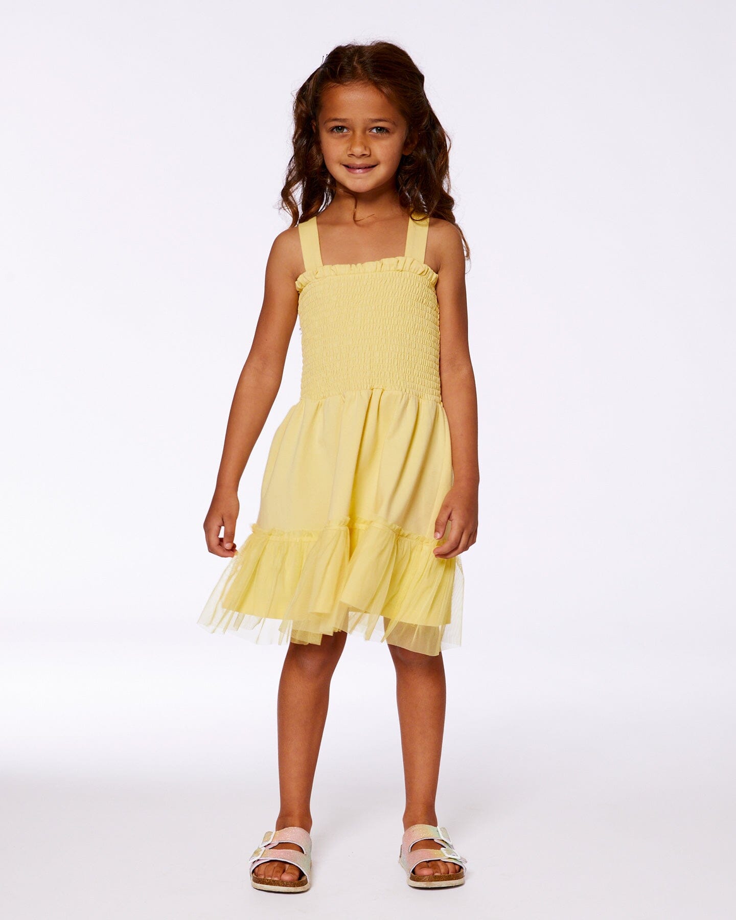 Smocked Organic Cotton Dress With Mesh Frill Yellow - G30H87_222
