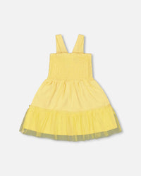 Smocked Organic Cotton Dress With Mesh Frill Yellow - G30H87_222