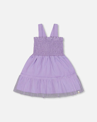 Smocked Organic Cotton Dress With Mesh Frill Lilac - G30H87_564
