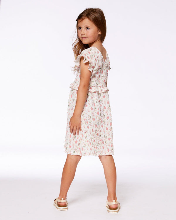 Printed Seersucker Dress With Frill Pink Flowers On Cream Background - G30I88_097