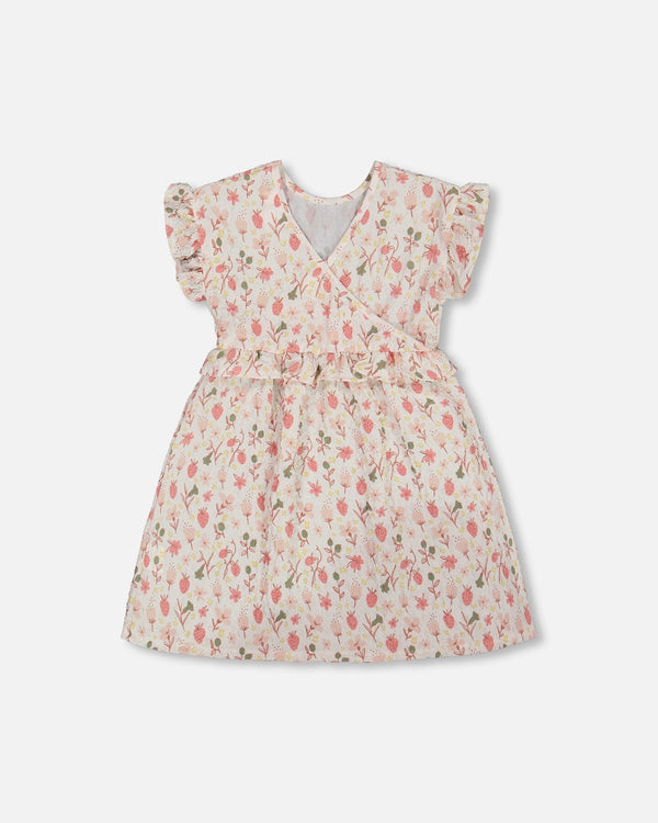 Printed Seersucker Dress With Frill Pink Flowers On Cream Background - G30I88_097