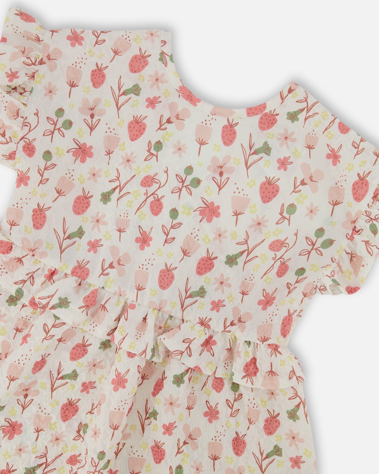 Printed Seersucker Dress With Frill Pink Flowers On Cream Background - G30I88_097