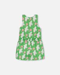 Printed Romper With Frills Green With White And Pink Bird - G30J40_091