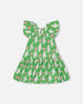Printed Dress With Flounce Sleeves Green With White And Pink Bird - G30J87_091