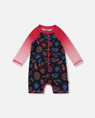 Printed Long Sleeve One-Piece Rashguard Black And Blue And Pink Items - G30NG41_051