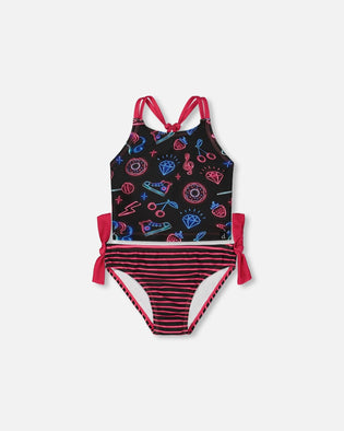 Printed Two-Piece Swimsuit Black And Blue And Pink Items - G30NG42_051