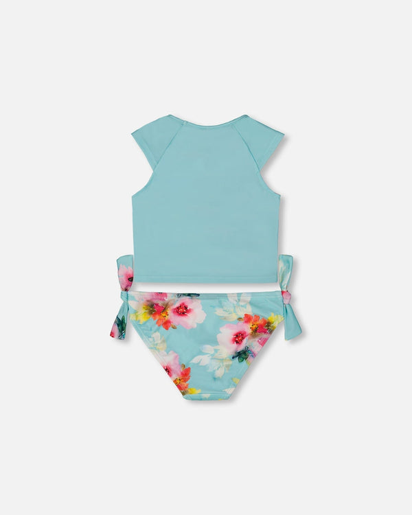 Printed Two-Piece Swimsuit Turquoise And Pink Flowers - G30NG71_057