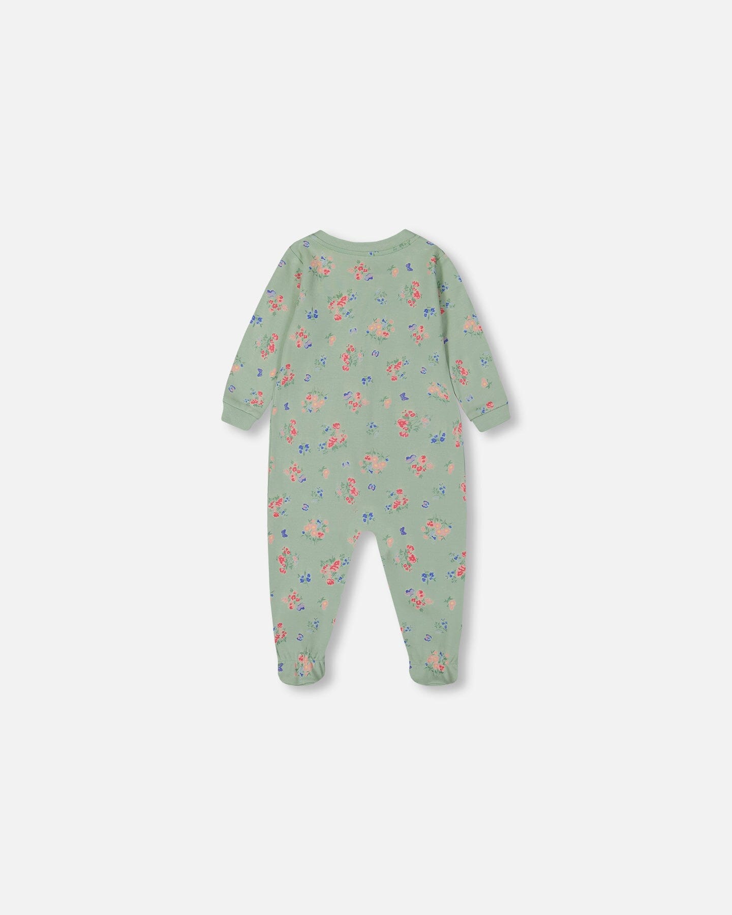 Printed Organic Cotton One-Piece Pajama Small Pink And Blue Flowers On Light Sage Pajamas Deux par Deux 