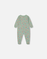 Printed Organic Cotton One-Piece Pajama Small Pink And Blue Flowers On Light Sage Pajamas Deux par Deux 