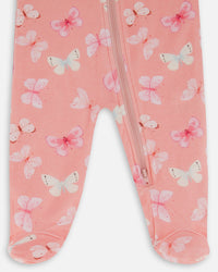 Printed Organic Cotton One-Piece Pajama Pink And Blue Butterflies On Old Pink Pajamas Deux par Deux 