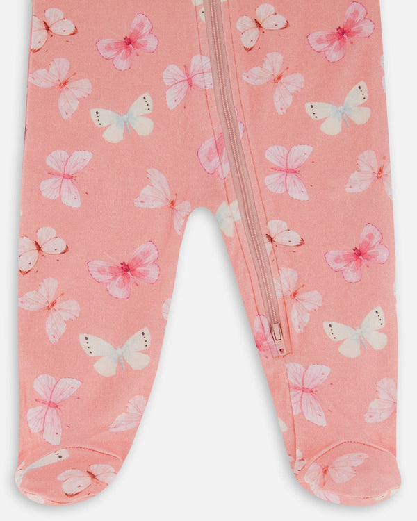 Printed Organic Cotton One-Piece Pajama Pink And Blue Butterflies On Old Pink Pajamas Deux par Deux 